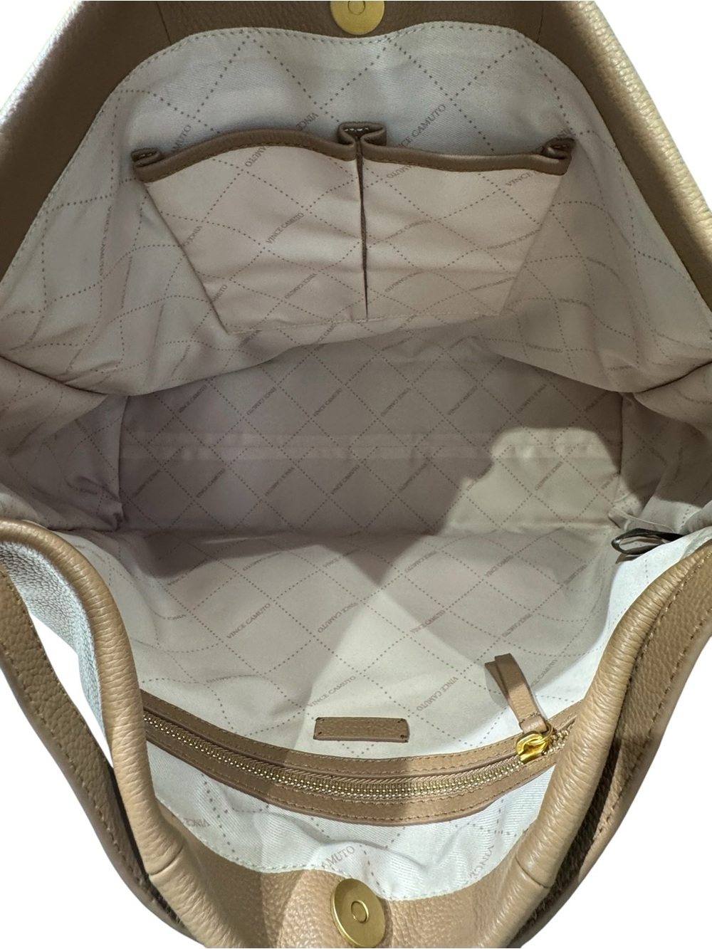 Vince Camuto Lisha Spiced Almond Pebbled Leather Shoulder Hobo Bag Gold Studs - Picture 8 of 12